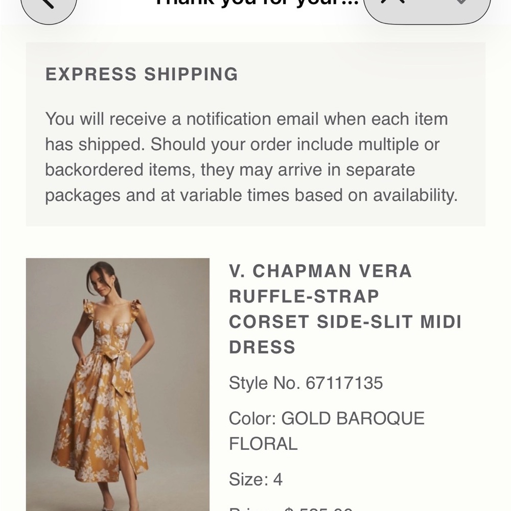 V. Chapman Vera Ruffle-Strap Corset Side-Slit Midi Dress - Gold Baroque Floral - Picture 4 of 4
